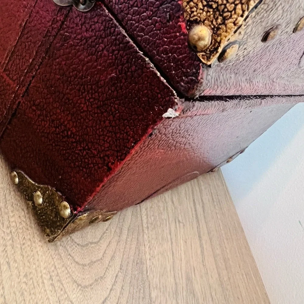 Vintage 90s Burgundy Faux Leather Decorative Trunk Storage Chest Brass Accents